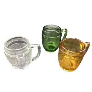 Vintage Whiskey Barrel Shot Glasses - Green, Clear, Amber w/Handle Set of 3